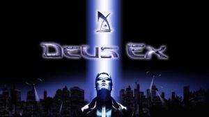 Deus Ex PC box art featuring the iconic cyberpunk cityscape and protagonist J.C. Denton