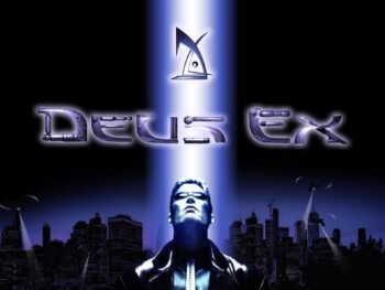 Deus Ex PC box art featuring the iconic cyberpunk cityscape and protagonist J.C. Denton