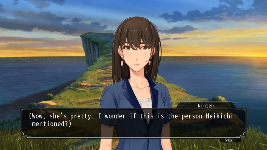 Ninten Taro monologues while looking at a woman on a cliff during sunset in Famicom Detective Club: The Missing Heir