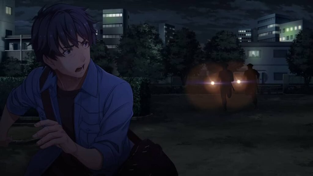 Ninten running from two glowing lights in a tense nighttime chase scene from Famicom Detective Club: The Girl Who Stands Behind