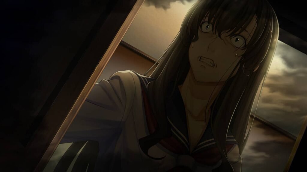 Terrified woman sweating and answering the door in Famicom Detective Club: The Girl Who Stands Behind