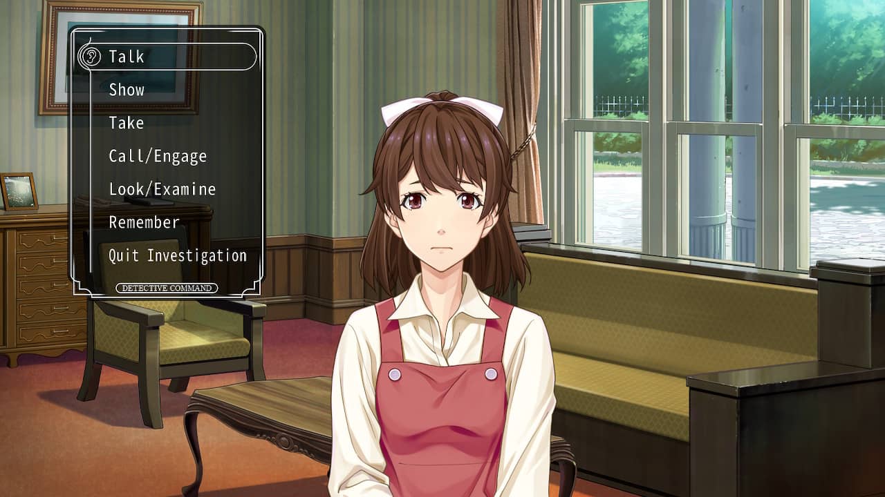 Maid standing in a mansion with investigation options displayed in Famicom Detective Club: The Missing Heir