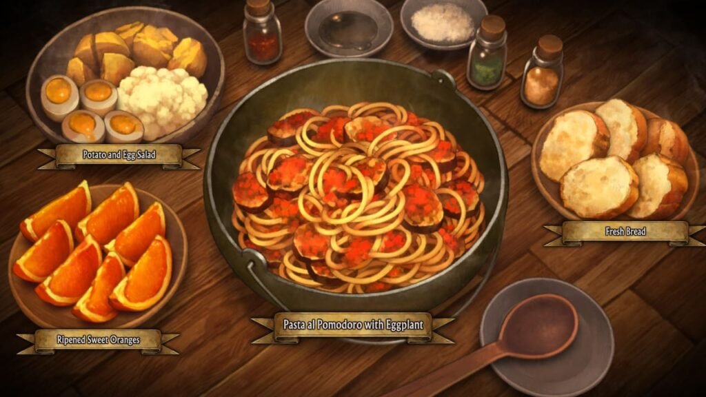 Table with pasta, eggs, bread, and oranges in Unicorn Overlord