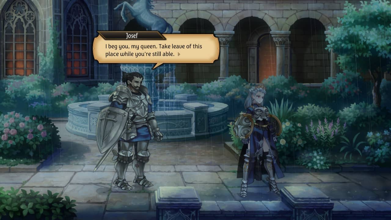 Josef urging the queen to leave the palace garden during an invasion in Unicorn Overlord