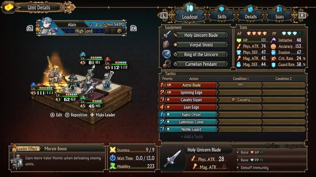 Tactics screen showing available tactics options in Unicorn Overlord