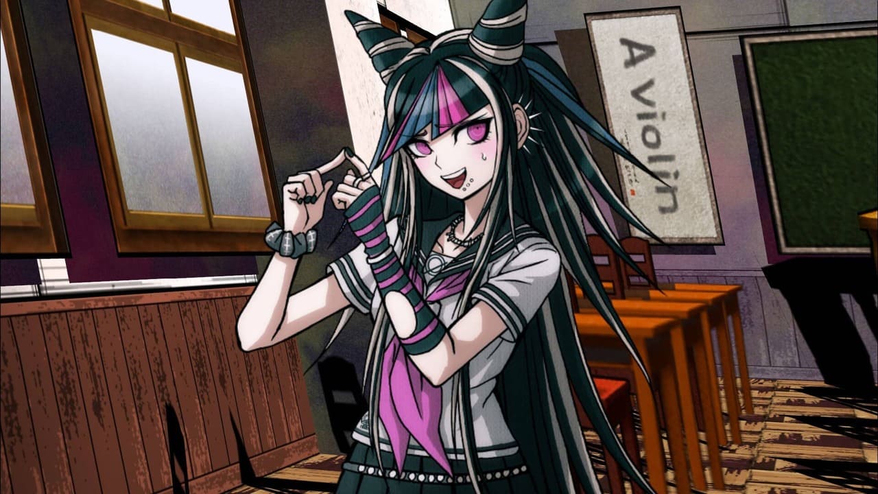 Ibuki Mioda looking nervous in a classroom with a whiteboard that reads “A Violin” behind her in Danganronpa 2: Goodbye Despair.
