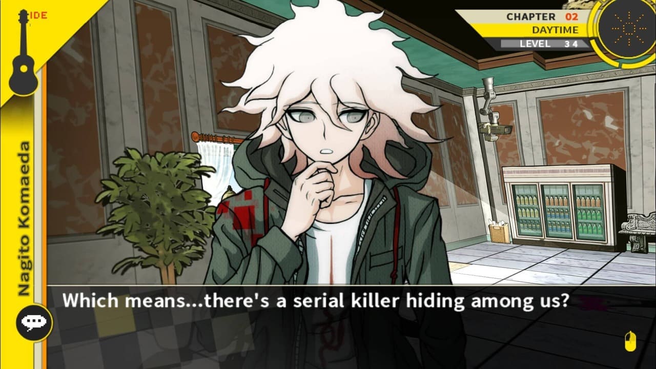 Nagito Komaeda asking if there is a serial killer among the group in Danganronpa 2: Goodbye Despair.