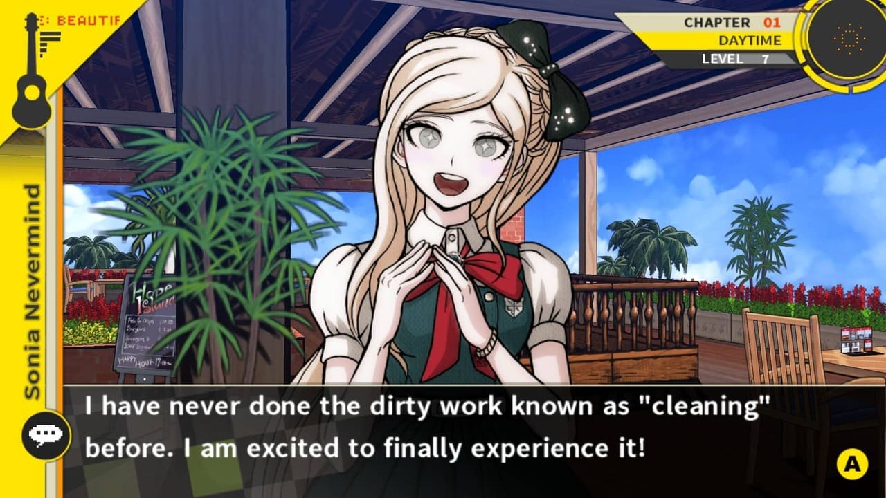Sonia Nevermind expressing excitement about cleaning for the first time in Danganronpa 2: Goodbye Despair.