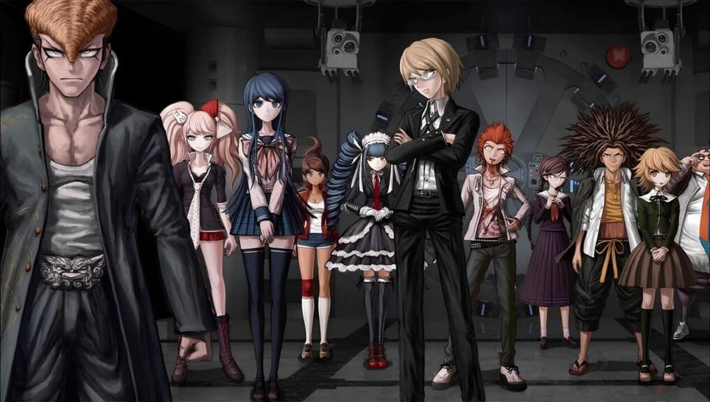 All main students from Danganronpa: Trigger Happy Havoc standing in front of the vault door, under surveillance guns, during the introduction scene.