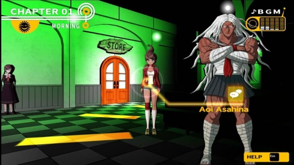 Sakura, Touko, and Aoi standing in a hallway inside Hope’s Peak Academy during a tense moment in Danganronpa: Trigger Happy Havoc.