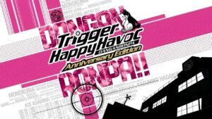Cover art for Danganronpa: Trigger Happy Havoc with Monokuma and the game’s logo against a pink and white background.