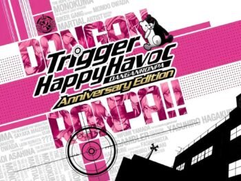 Cover art for Danganronpa: Trigger Happy Havoc with Monokuma and the game’s logo against a pink and white background.