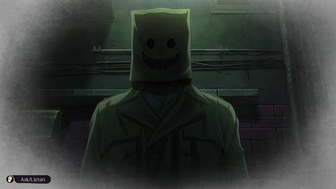 Emio character wearing a paper bag over his head in a dark vignette style from Emio: The Smiling Man, Famicom Detective Club.