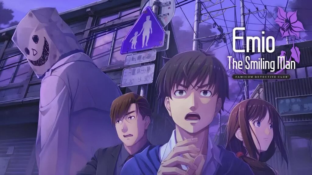 Official cover art of Emio – The Smiling Man from Famicom Detective Club featuring protagonist Emio with moody atmospheric background.