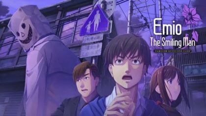 Official cover art of Emio – The Smiling Man from Famicom Detective Club featuring protagonist Emio with moody atmospheric background.