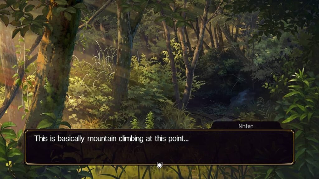 Ninten walking through a dense forest, saying “This is basically mountain climbing at this point” in Famicom Detective Club: Emio – The Smiling Man.