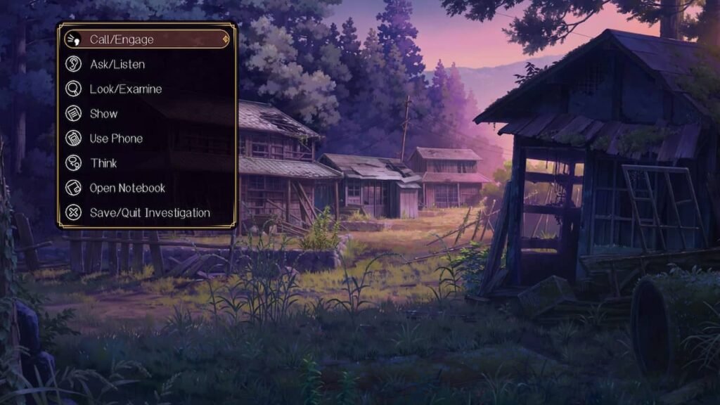 Abandoned dilapidated village with overgrowth under a pinkish-purple sky in Famicom Detective Club: Emio – The Smiling Man.