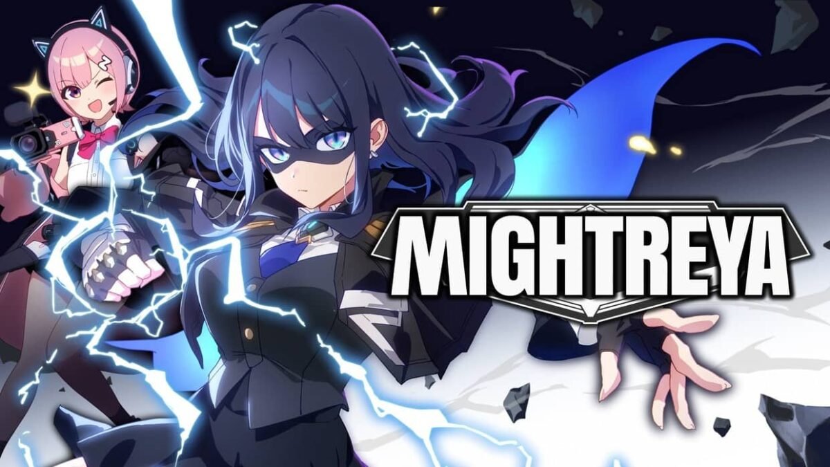 Key visual for MIGHTREYA showing the main character in front of the game’s title and background
