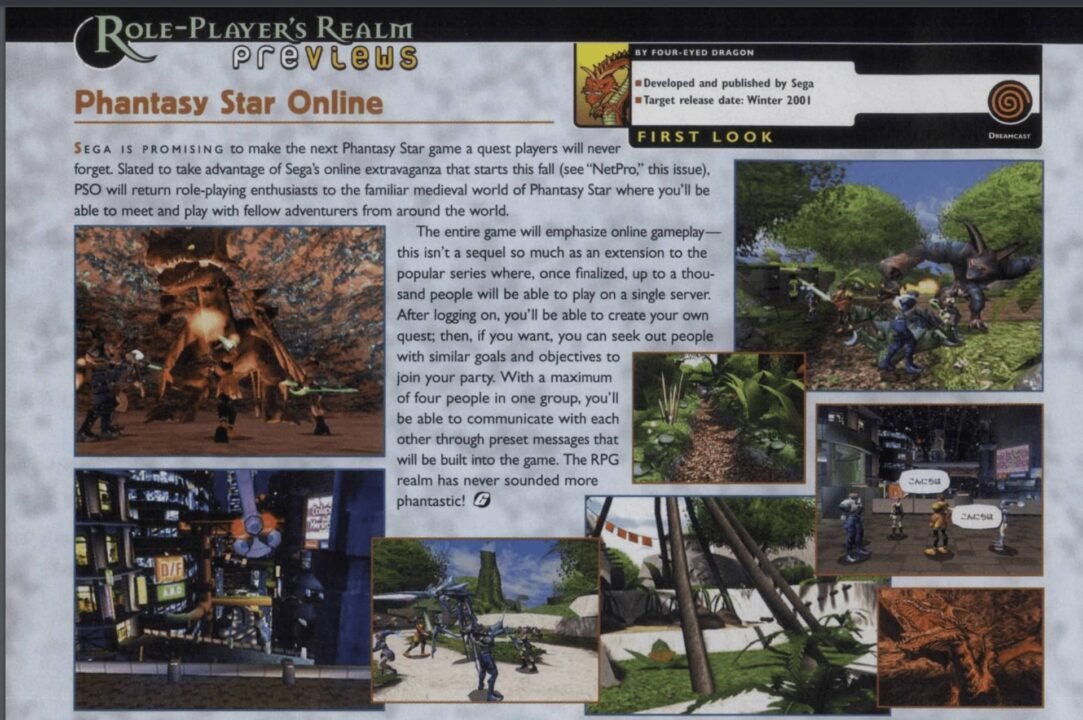 A magazine preview from GamePro for Phantasy Star Online on Sega Dreamcast showing screenshots of jungle environments, character interaction, and combat.