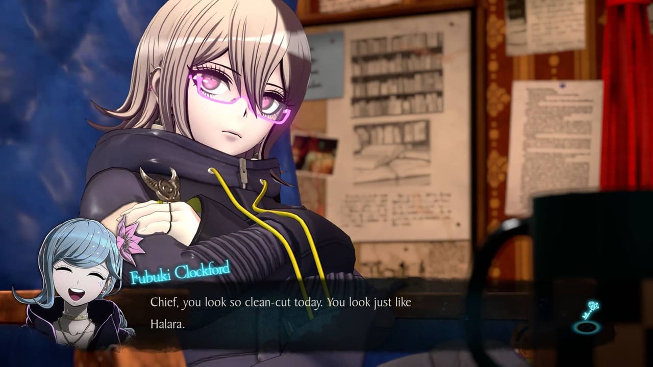 Halara wearing glasses looks at Fubuki, who remarks they look alike, inside the agency in Rain Code.