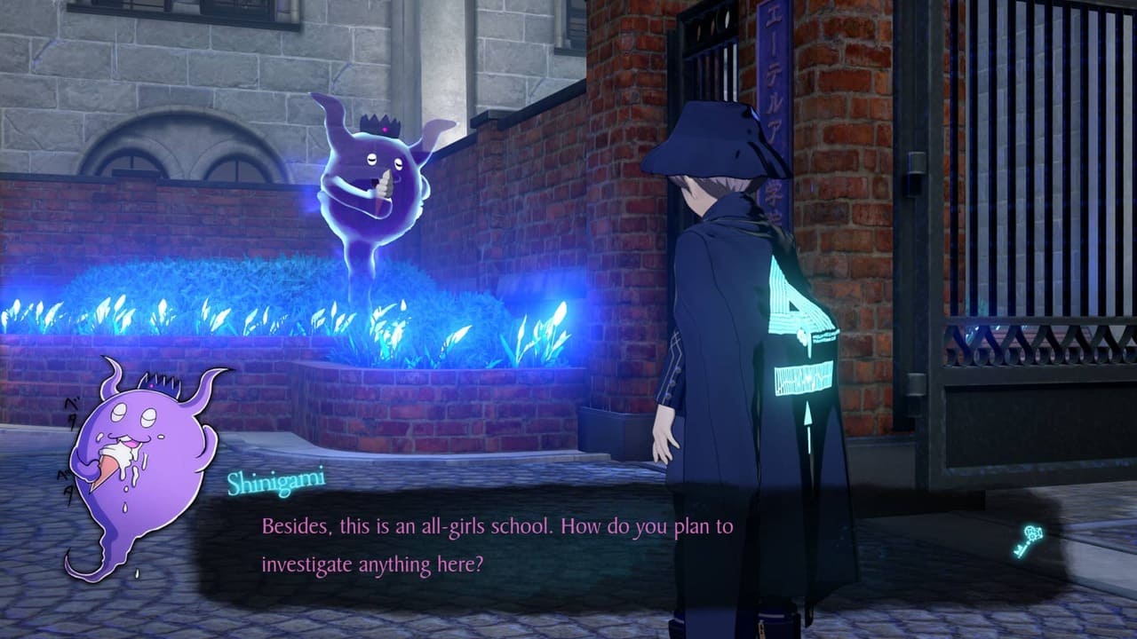 Shinigami eating ice cream and teasing Yuma about investigating an all-girls school in Rain Code.