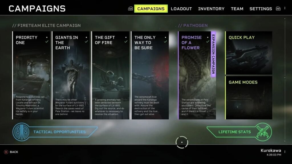 Campaign selection screen in Aliens: Fireteam Elite showing all available missions, including Pathogen DLC.