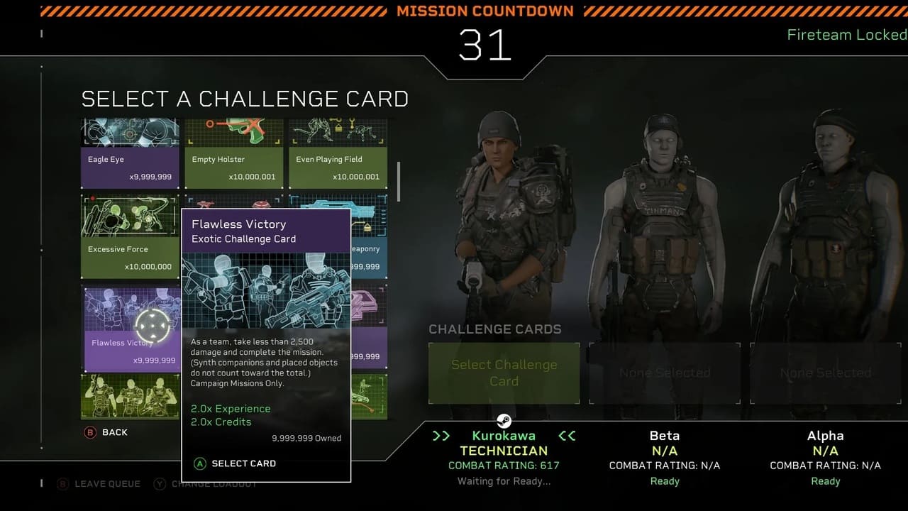 Challenge Cards menu in Aliens: Fireteam Elite showing roguelike mission modifiers.