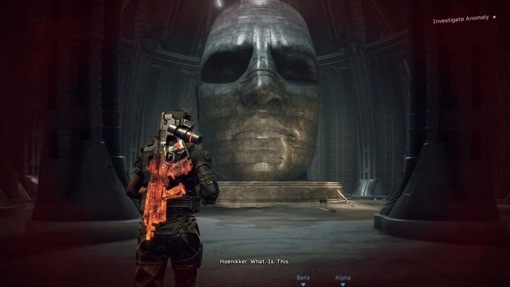 Giant Engineer-like stone face resembling the Prometheus cover art in Aliens: Fireteam Elite.