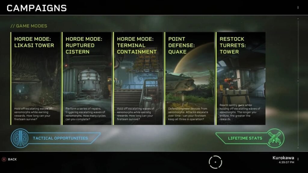 Game mode selection screen in Aliens: Fireteam Elite showing campaign, horde mode, point defense, and turret missions.