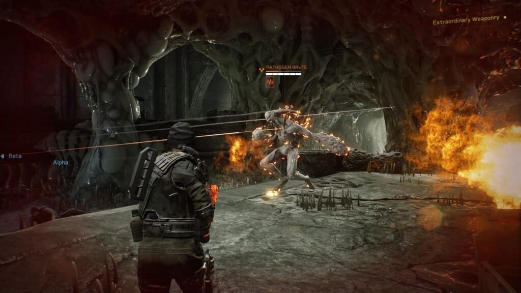 Player fighting a Pathogen Brute enemy on fire in Aliens: Fireteam Elite DLC.