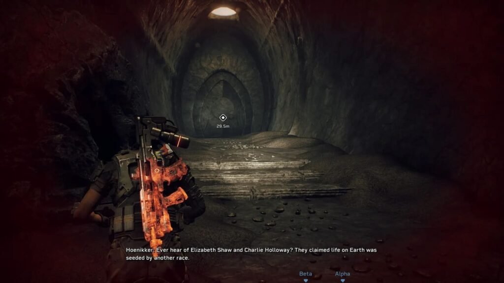 Player running through alien ruins in Aliens: Fireteam Elite while dialogue references Elizabeth Shaw and Charlie Holloway.