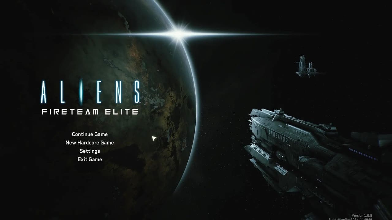 Title screen of Aliens: Fireteam Elite with the UAS Endeavor ship in orbit and main menu options displayed.