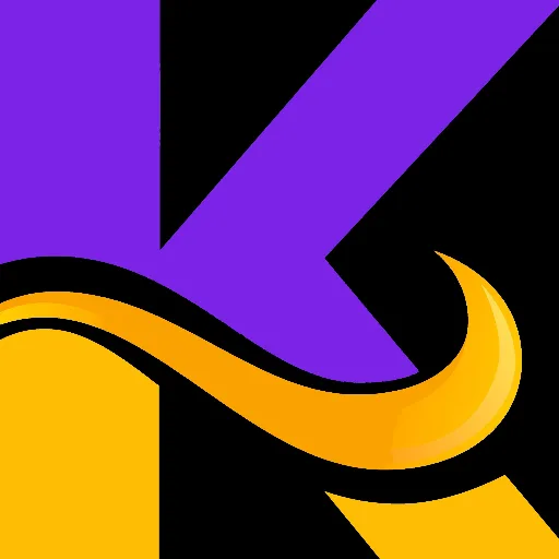 KonNetwork logo. Upper half of the capital K is royal purple, bottom half is gold with a fox tail going through the parts.