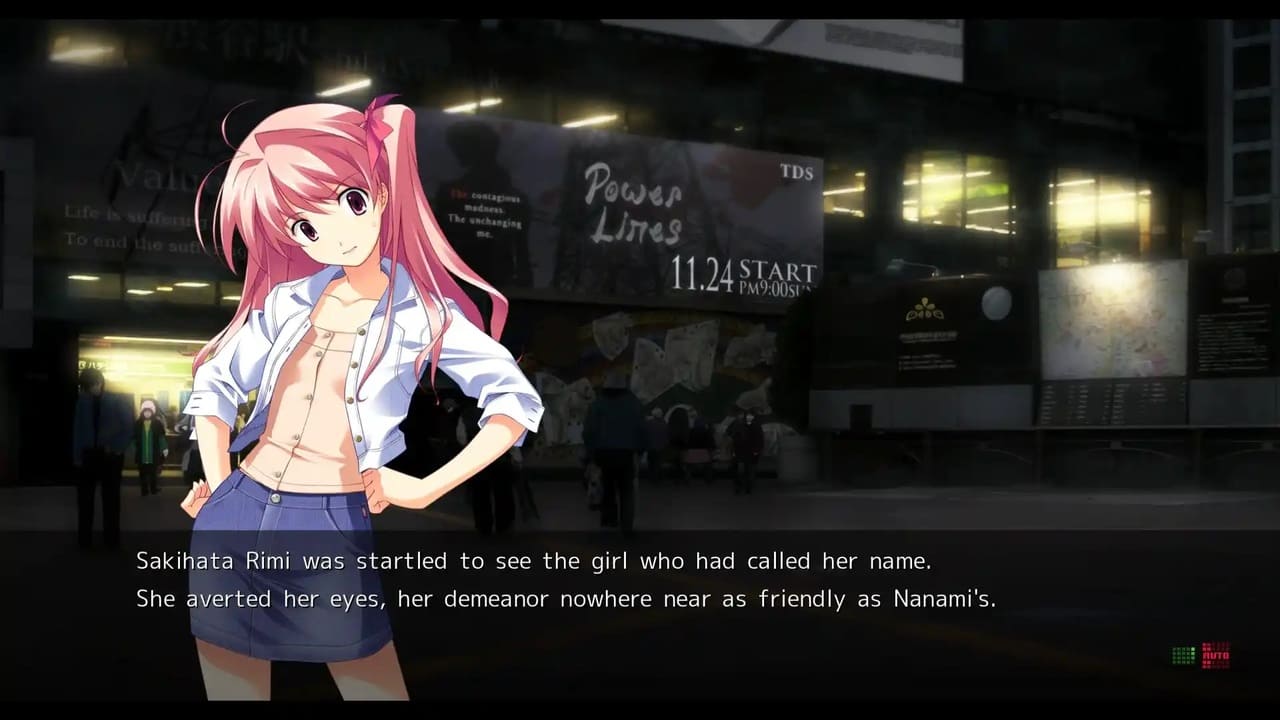 Rimi looking startled in casual clothes, avoiding eye contact in Chaos;Head Noah.