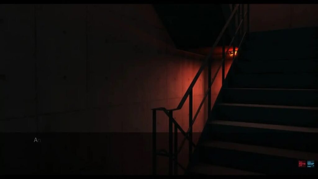 Creepy stairwell in Chaos;Head Noah with red-orange light below and dark shadows above.