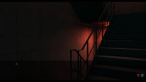 Creepy stairwell in Chaos;Head Noah with red-orange light below and dark shadows above.