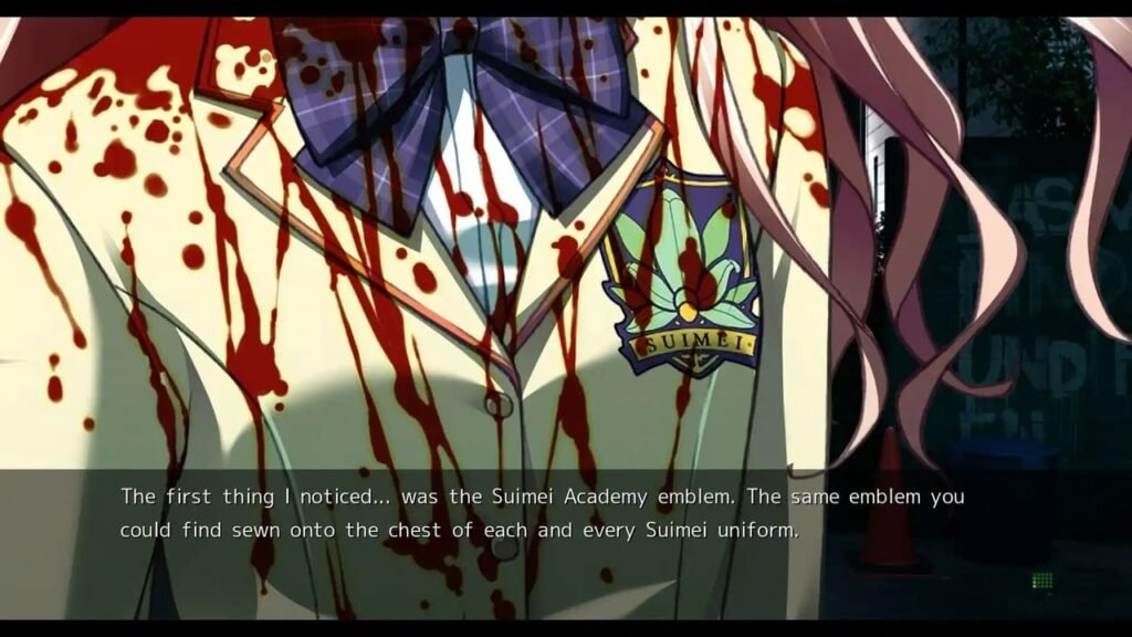 Close-up of a blood-covered girl in a Suimei Academy shirt in Chaos;Head Noah.