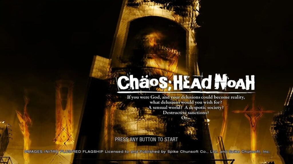 Chaos;Head Noah title screen with logo, “If you are God…” quote, and collapsed Shibuya cityscape.