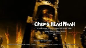 Chaos;Head Noah title screen with logo, “If you are God…” quote, and collapsed Shibuya cityscape.