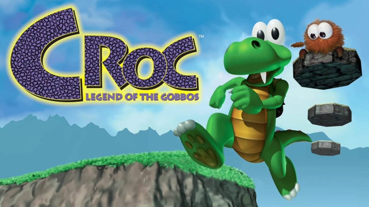 Croc Legend of the Gobbos gameplay image showing Croc jumping on platforms