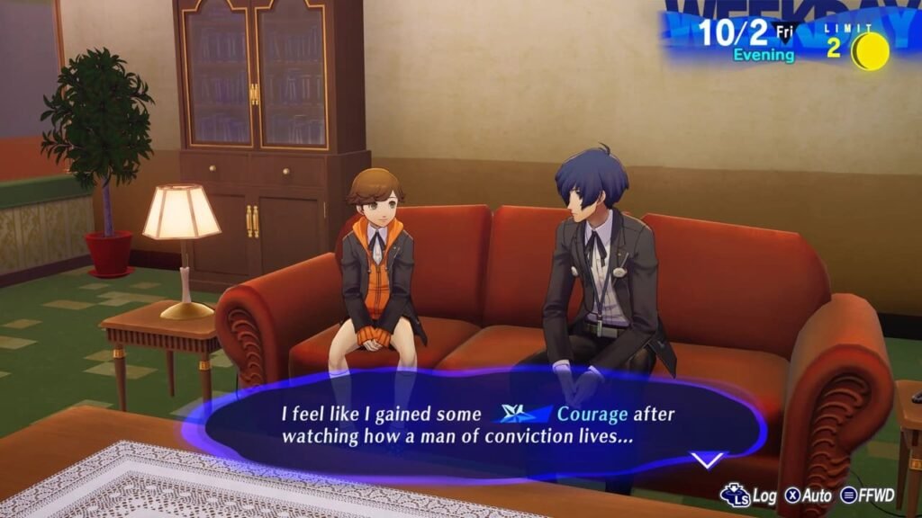Ken speaking to Minato on a couch in the SEES dorm with Minato reflecting on courage in Persona 3: Reload.