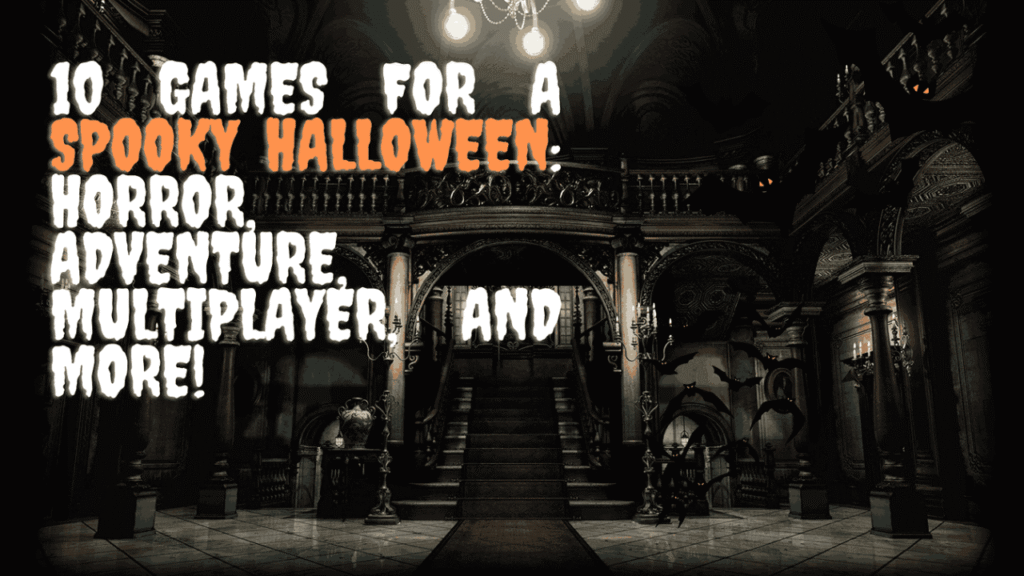 Spooky Halloween game feature banner showing a dark, haunted mansion interior with text promoting horror and multiplayer games