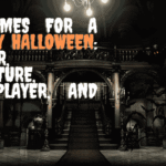 Spooky Halloween game feature banner showing a dark, haunted mansion interior with text promoting horror and multiplayer games