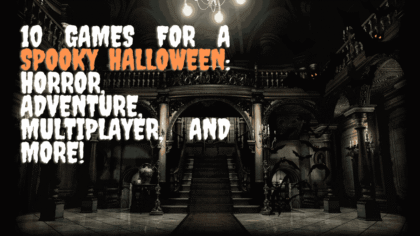 Spooky Halloween game feature banner showing a dark, haunted mansion interior with text promoting horror and multiplayer games