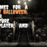 Spooky Halloween game feature banner showing a dark, haunted mansion interior with text promoting horror and multiplayer games