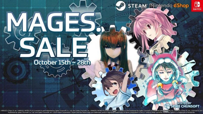 Mages sale promotional banner featuring characters from science adventure games on a gear background.