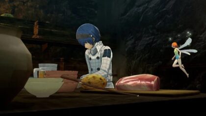 Metaphor ReFantazio Will cooking food with the fairy Gallica at a wooden counter in Fabienne's place.