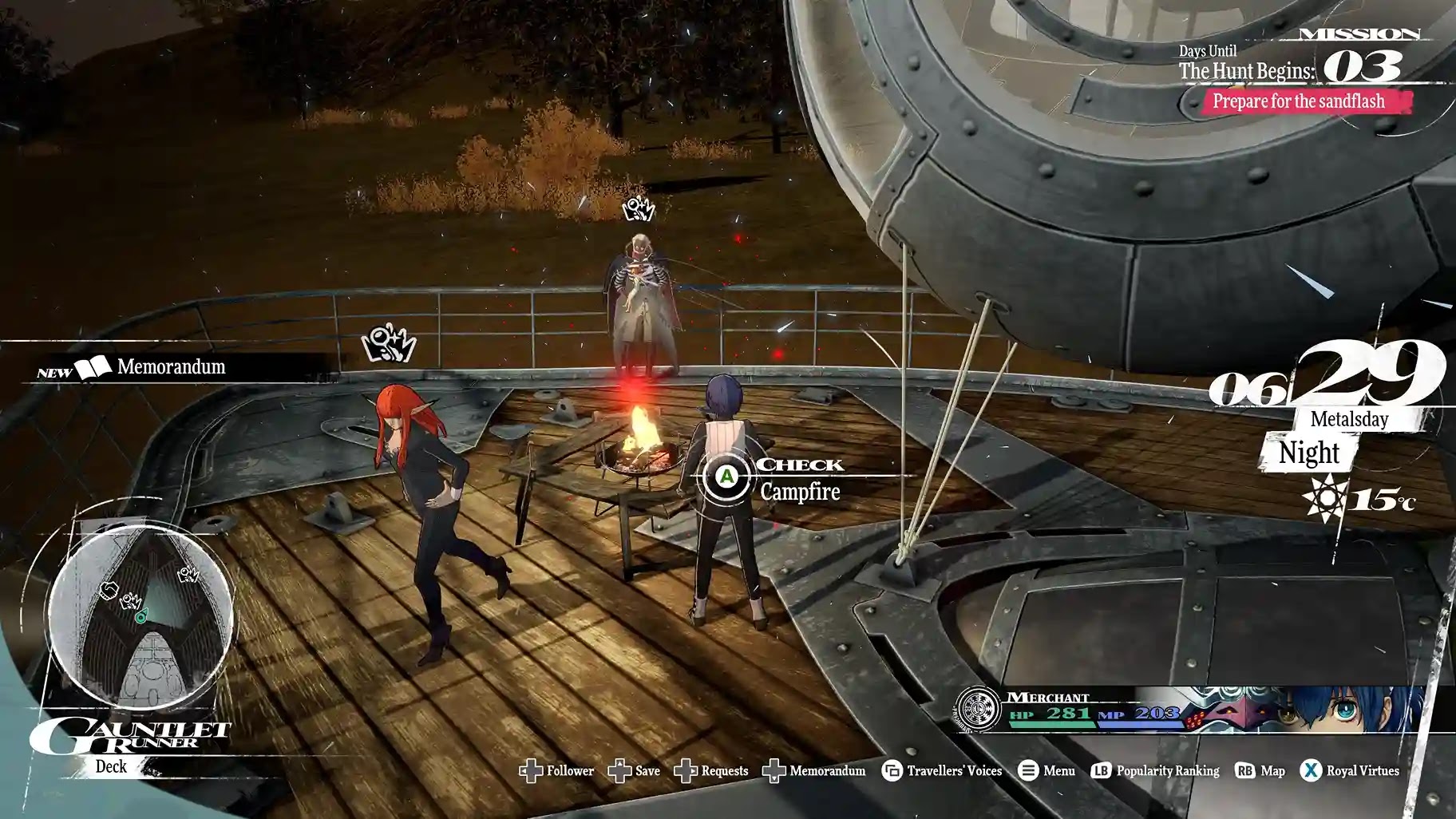 Screenshot showing the campfire on the Gauntlet Runner in Metaphor: ReFantazio.
