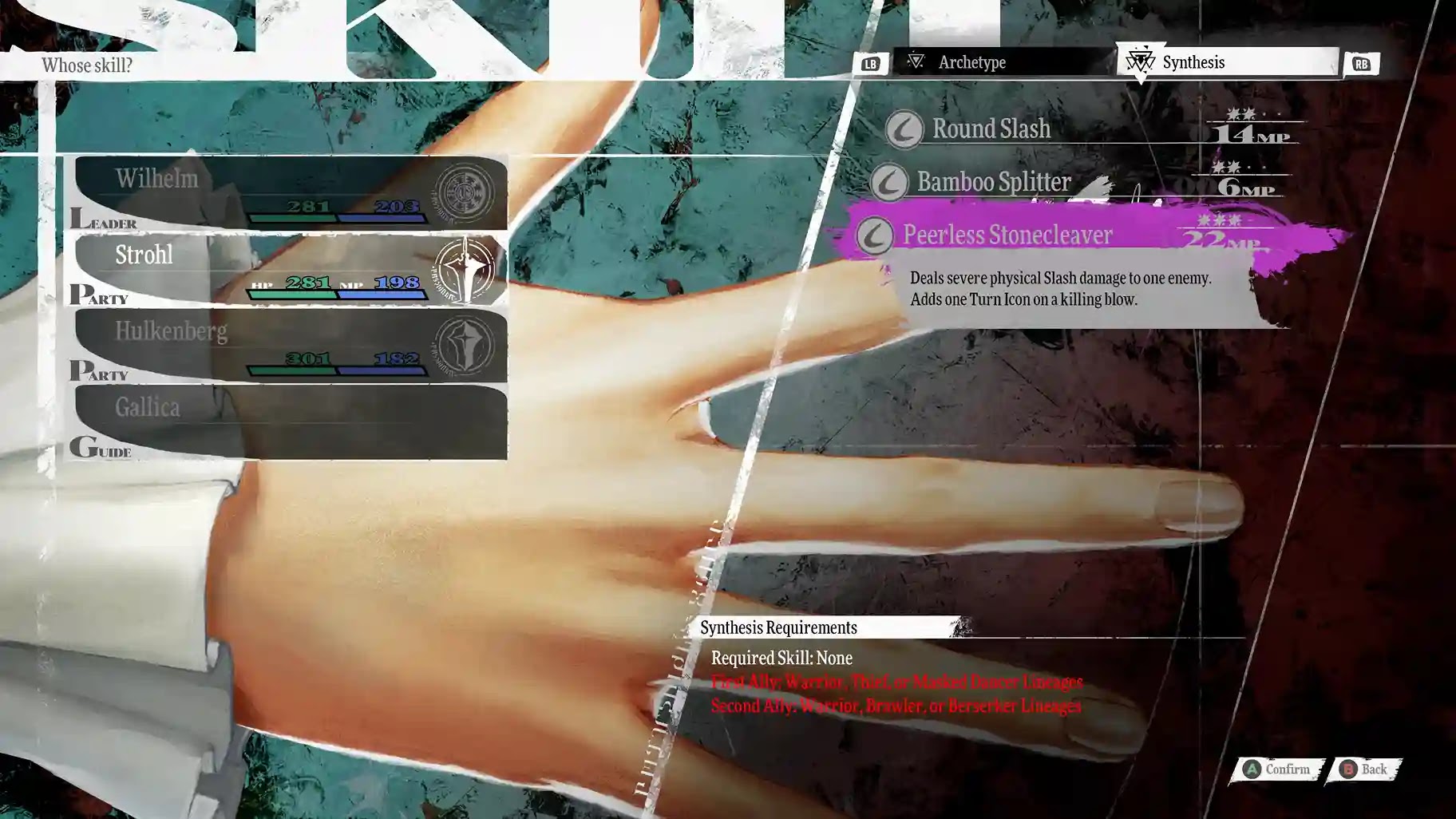 Screenshot showing the Synthesis move list in Metaphor: ReFantazio.