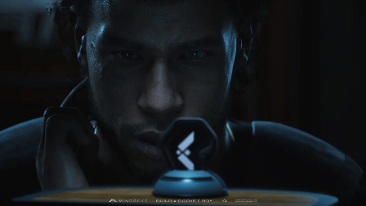 MindsEye Jacob Diaz cinematic scene showing the character staring intently at a glowing hexagonal device resting on a surface.